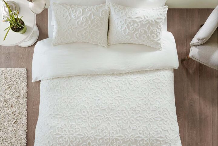 Sabrina 3 Piece Tufted Cotton Chenille Duvet Cover Set in Off-White From Madison Park