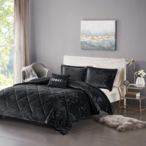 Felicia Velvet Duvet Cover Set with Throw Pillow in Black From Intelligent Design