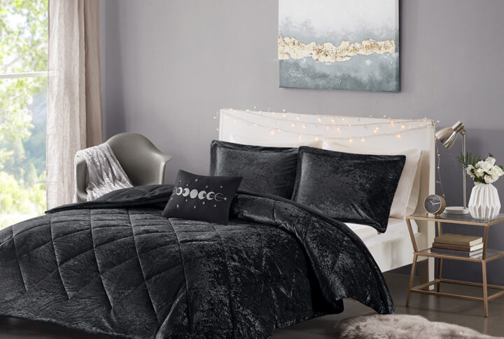 Felicia Velvet Duvet Cover Set with Throw Pillow in Black From Intelligent Design