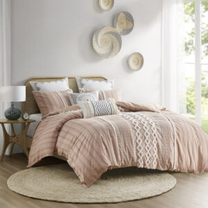 Imani Cotton Printed Duvet Cover Set with Chenille in Blush From INK+IVY