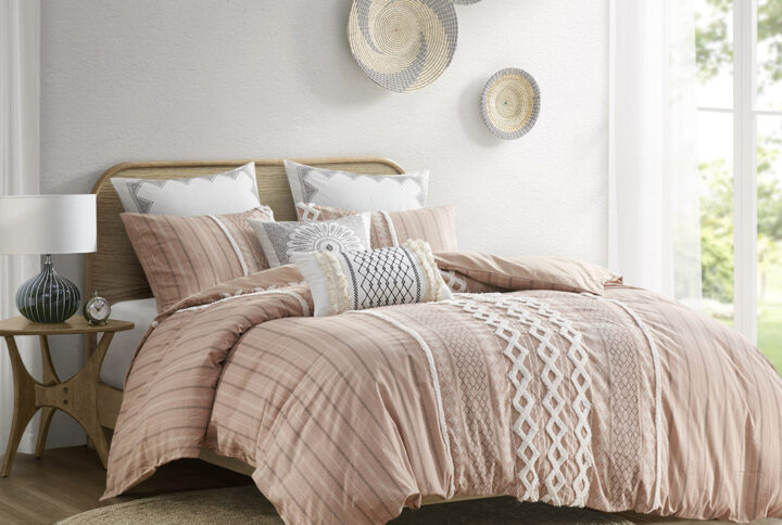 Imani Cotton Printed Duvet Cover Set with Chenille in Blush From INK+IVY