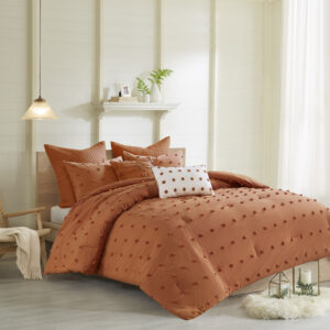 Brooklyn Cotton Jacquard Comforter Set with Euro Shams and Throw Pillows in Rust From Urban Habitat