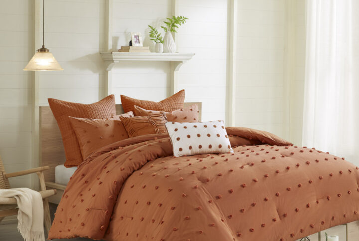 Brooklyn Cotton Jacquard Comforter Set with Euro Shams and Throw Pillows in Rust From Urban Habitat