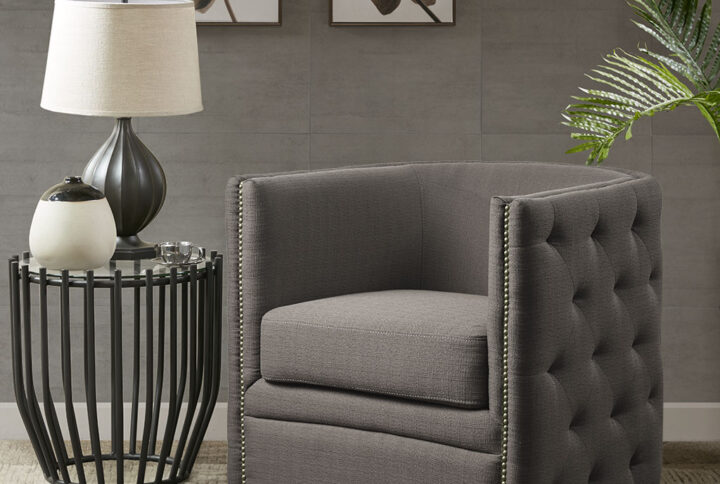 Capstone Tufted Barrel Swivel Chair in Grey From Madison Park