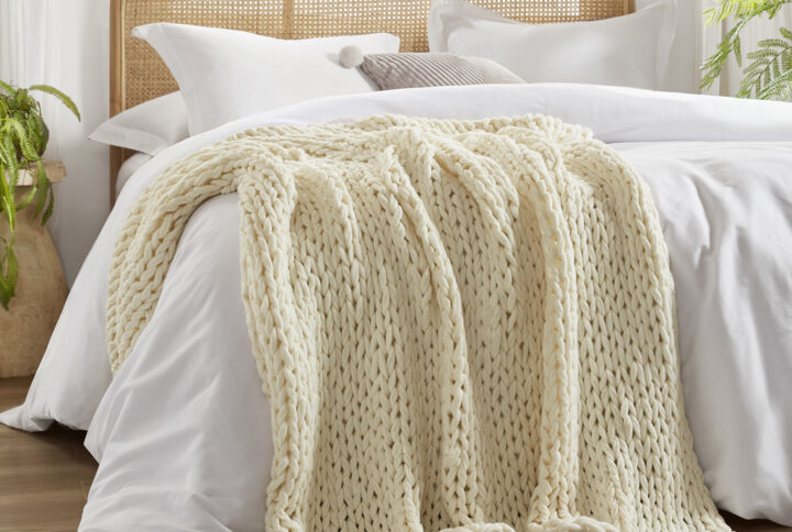 Chunky Double Knit Hand Made Chunky Double Knit Throw Blanket in Ivory From Madison Park