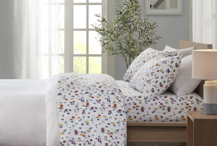 Cozy Cotton Flannel Printed Sheet Set in White Village Print From True North by Sleep Philosophy