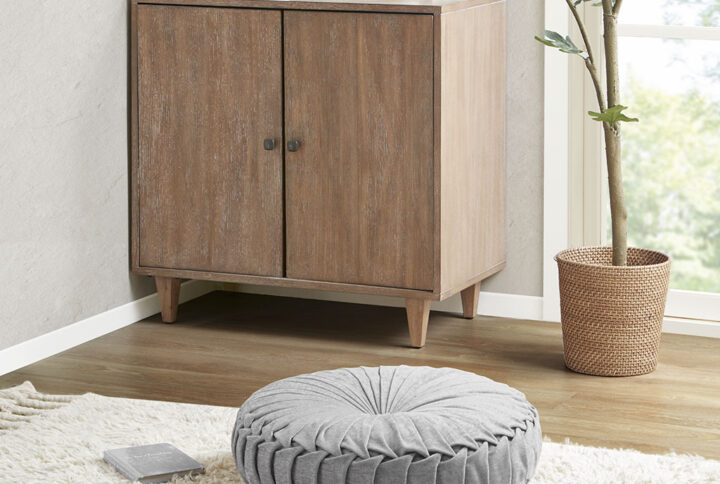 Loretta Poly Chenille Round Floor Pillow Cushion in Grey From Intelligent Design