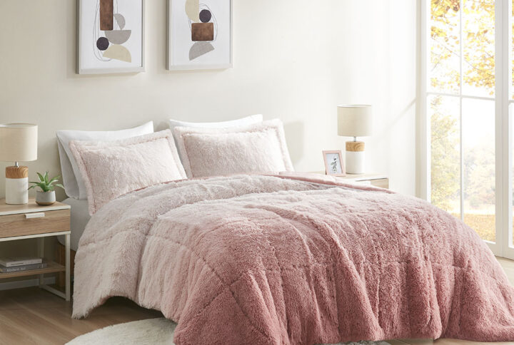 Brielle Ombre Shaggy Long Fur Comforter Mini Set in Blush From Intelligent Design