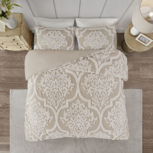 Viola 3 piece Tufted Cotton Chenille Damask Duvet Cover Set in Taupe From Madison Park