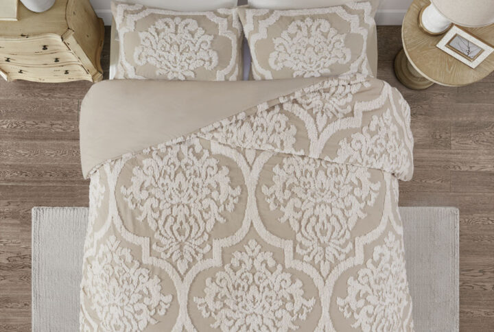 Viola 3 piece Tufted Cotton Chenille Damask Duvet Cover Set in Taupe From Madison Park