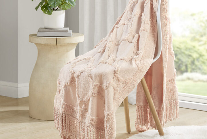 Brianne 100% Cotton Tufted Chenille Lightweight Throw With Fringe Tassel 50" x 60" in Blush From Madison Park