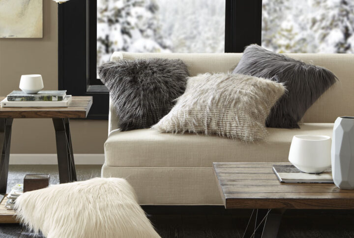 Edina Faux Fur Square Pillow in Grey From Madison Park