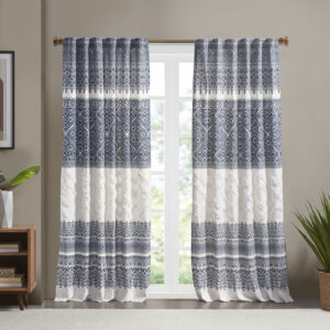 Mila Cotton Printed Curtain Panel with Chenille detail and Lining in Navy From INK+IVY