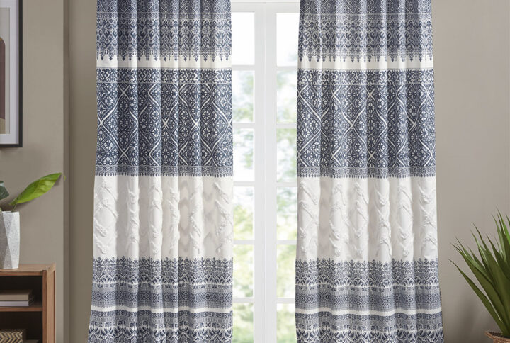 Mila Cotton Printed Curtain Panel with Chenille detail and Lining in Navy From INK+IVY