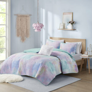 Cassiopeia Watercolor Tie Dye Printed Quilt Set with Throw Pillow in Aqua From Intelligent Design