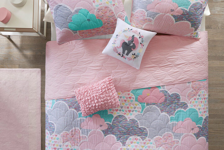 Cloud Reversible Cotton Quilt Set with Throw Pillows in Pink From Urban Habitat Kids