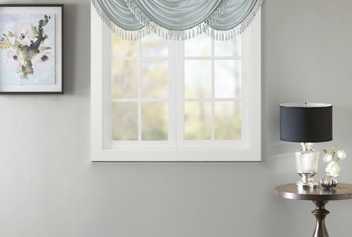 Elena Faux Silk Waterfall Embellished Valance in Dusty Aqua From Madison Park