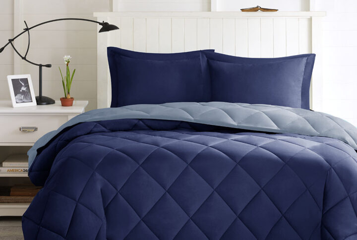 Larkspur 3M Scotchgard Diamond Quilting Reversible Down Alternative Comforter Set in Navy/Light Blue From Madison Park Essentials