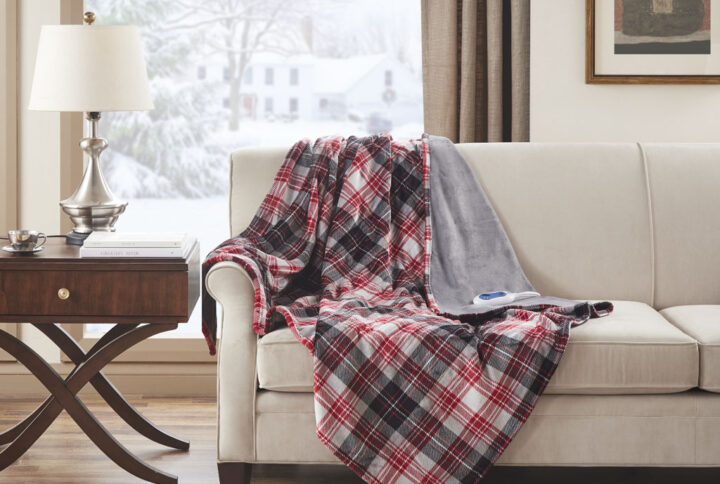 Jacob Oversized Plaid Plush Heated Throw in Red From True North by Sleep Philosophy