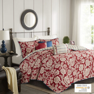 Lucy 6 Piece Reversible Cotton Twill Quilt Set with Throw Pillows in Red From Madison Park