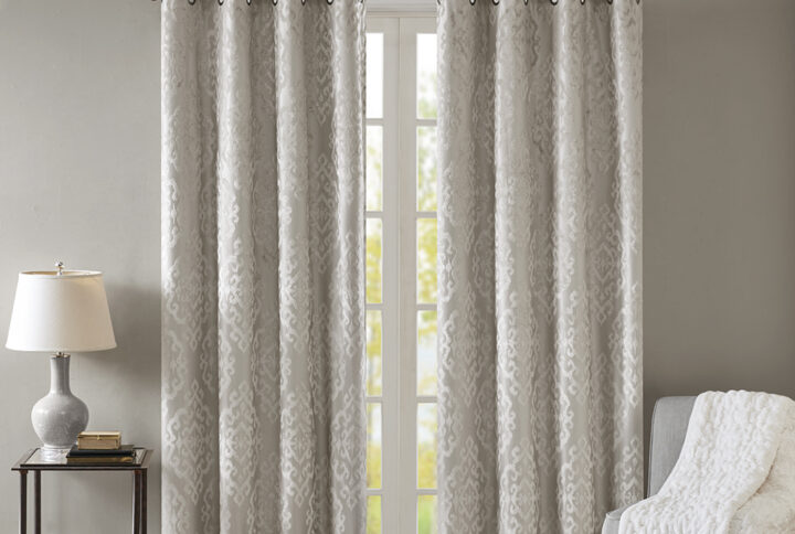 Mirage Knitted Jacquard Damask Total Blackout Grommet Top Curtain Panel in Silver From SunSmart