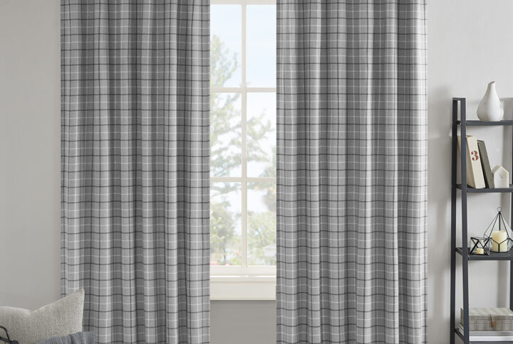 Anaheim Plaid Rod Pocket and Back Tab Curtain Panel with Fleece Lining in Grey From Madison Park