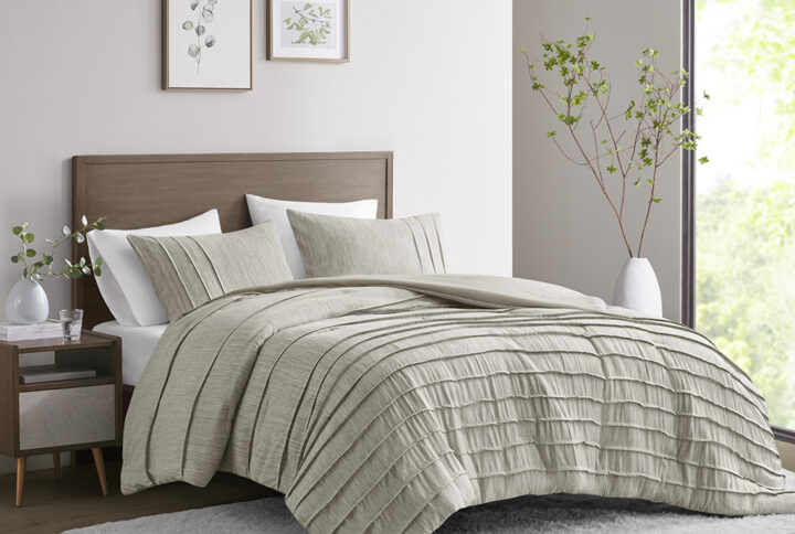 Maddox 3 Piece Striated Cationic Dyed Oversized Duvet Cover Set with Pleats in Natural From Beautyrest