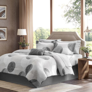 Knowles 9 Piece Comforter Set with Cotton Bed Sheets in Grey From Madison Park Essentials