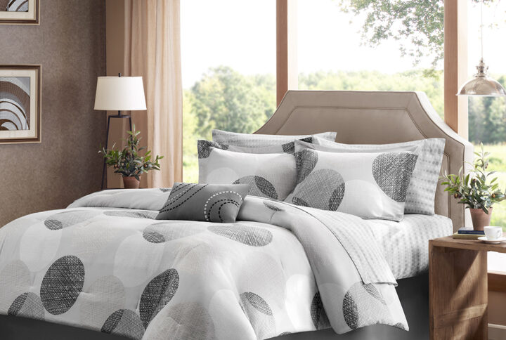 Knowles 9 Piece Comforter Set with Cotton Bed Sheets in Grey From Madison Park Essentials