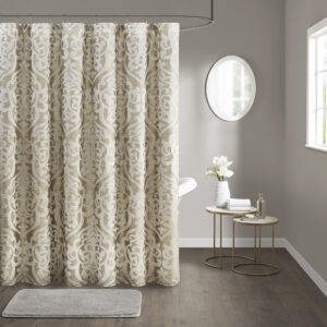 Odette Jacquard Shower Curtain in Tan/Ivory From Madison Park