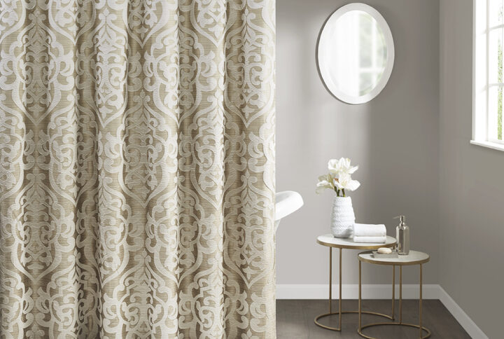 Odette Jacquard Shower Curtain in Tan/Ivory From Madison Park