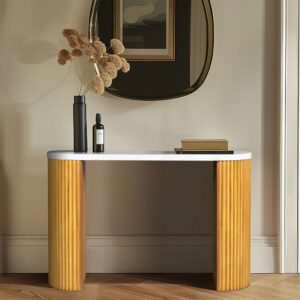 Layana Faux White Marble Console Table with Reeded Wooden Pillar Legs in Natural/Faux White Marble From INK+IVY