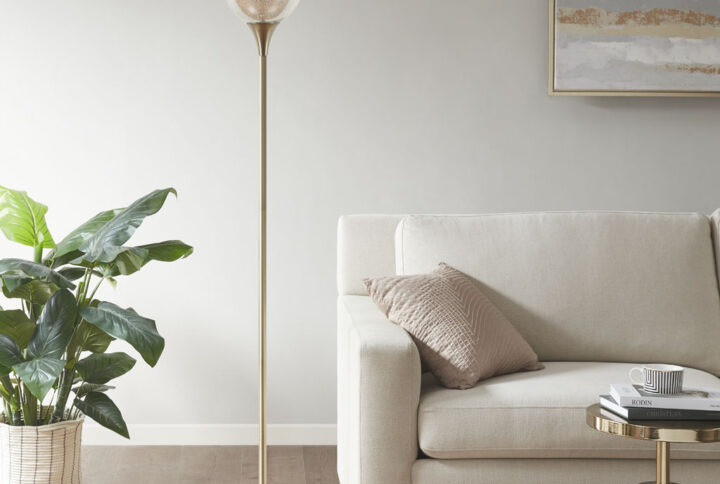 Bellow Uplight Floor Lamp with Mercury Glass Shade in Antique Brass From INK+IVY