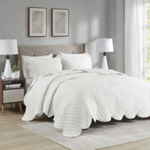 Nala 3 Piece Scalloped Edge Crinkle Microfiber Quilt Set in Ivory From Madison Park