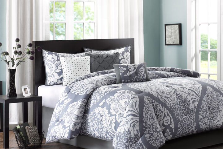 Vienna 7 Piece Cotton Printed Comforter Set in Grey From Madison Park