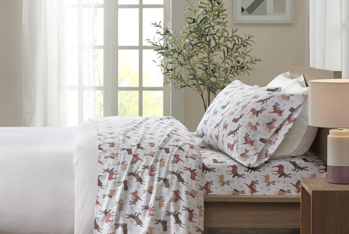 Cozy Flannel Printed Sheet Set in Reindeer From True North by Sleep Philosophy