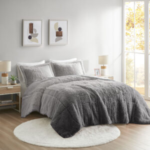 Brielle Ombre Shaggy Long Fur Comforter Mini Set in Grey From Intelligent Design