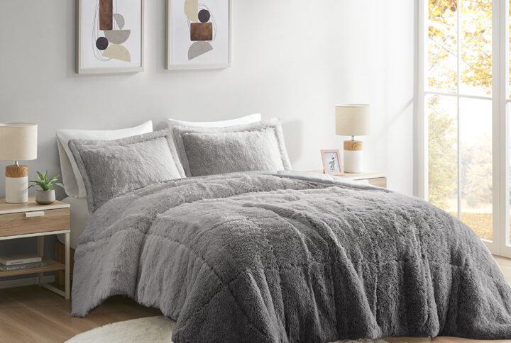 Brielle Ombre Shaggy Long Fur Comforter Mini Set in Grey From Intelligent Design