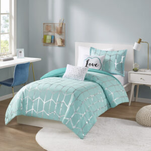 Raina Metallic Printed Comforter Set in Aqua/Silver From Intelligent Design