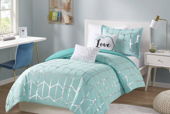 Raina Metallic Printed Comforter Set in Aqua/Silver From Intelligent Design