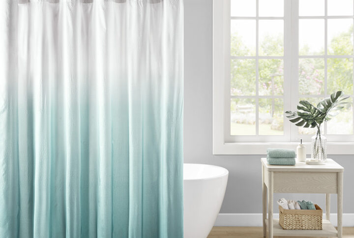 Ara Ombre Printed Seersucker Shower Curtain in Aqua From Madison Park