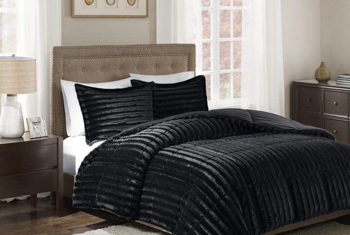 Duke Faux Fur Comforter Mini Set in Black From Madison Park