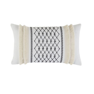 Bea Embroidered Cotton Oblong Pillow with Tassels in Ivory From INK+IVY