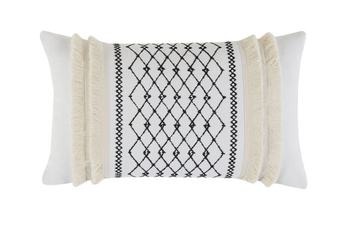 Bea Embroidered Cotton Oblong Pillow with Tassels in Ivory From INK+IVY