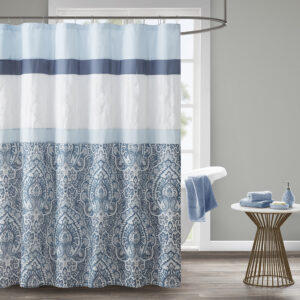 Shawnee Printed and Embroidered Shower Curtain in Blue From 510 Design