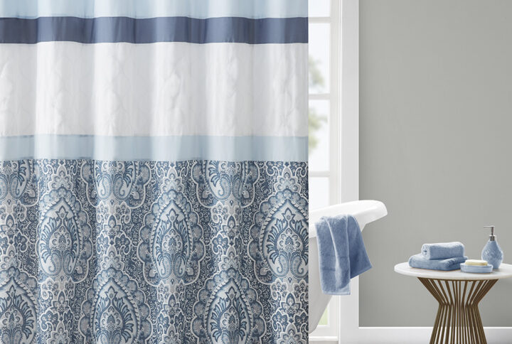 Shawnee Printed and Embroidered Shower Curtain in Blue From 510 Design