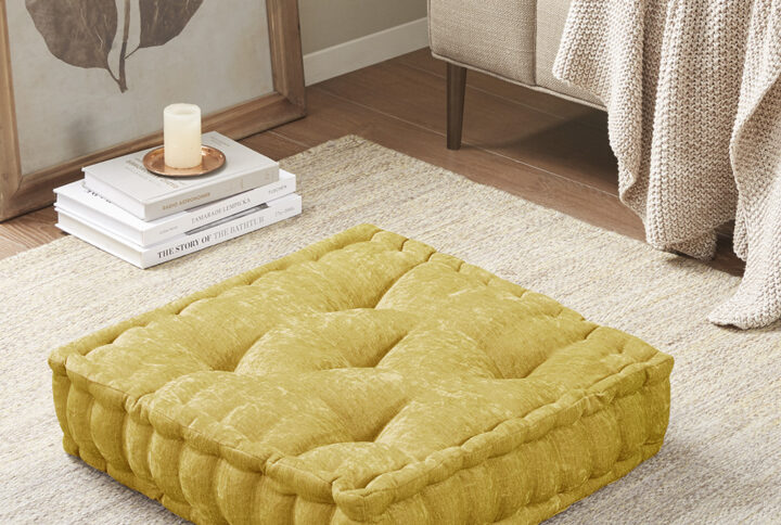 Azza Poly Chenille Square Floor Pillow Cushion in Yellow From Intelligent Design