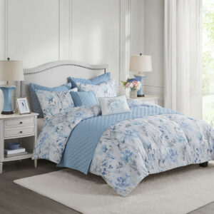 Pema 8 Piece Printed Seersucker Comforter and Quilt Set Collection in Blue From Madison Park