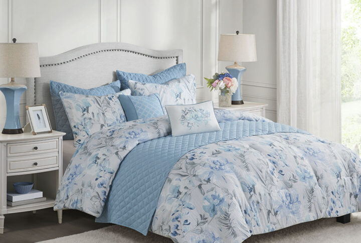 Pema 8 Piece Printed Seersucker Comforter and Quilt Set Collection in Blue From Madison Park