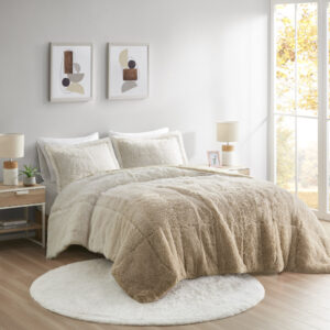 Brielle Ombre Shaggy Long Fur Comforter Mini Set in Natural From Intelligent Design